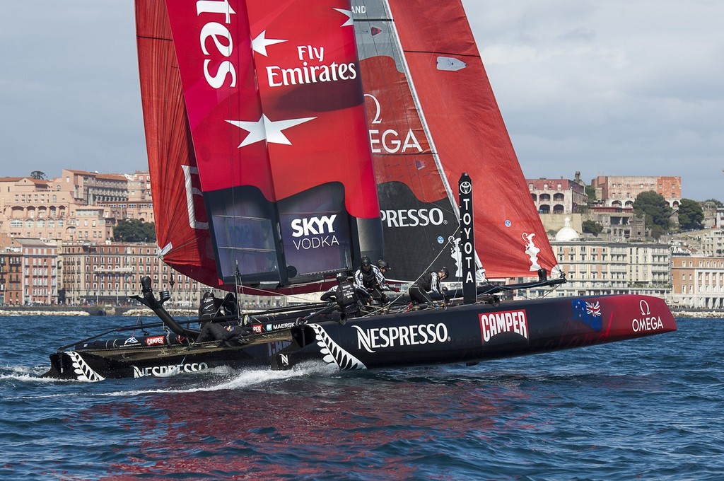 Emirates Team New Zealand lead the way in the fourth race of the regatta on day two of the America’s Cup World Series in Naples.  © Chris Cameron/ETNZ http://www.chriscameron.co.nz